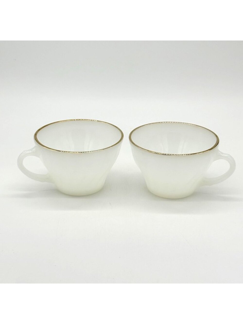 Vtg. Anchor Hocking Gold Rimmed Milk Glass Tea Cups 4.5" Dia Ovenproof Set Of 2